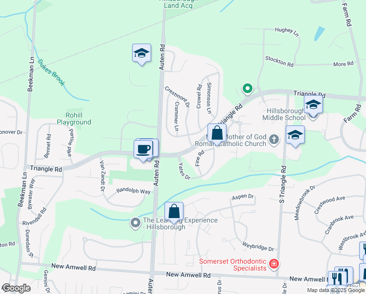 map of restaurants, bars, coffee shops, grocery stores, and more near 9/12 Durling Way in Somerset County