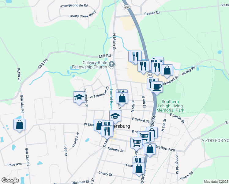 map of restaurants, bars, coffee shops, grocery stores, and more near 323 North Main Street in Coopersburg