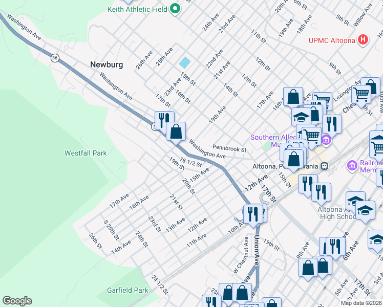 map of restaurants, bars, coffee shops, grocery stores, and more near 1534 18th Street in Altoona