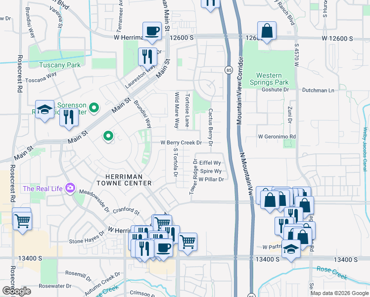 map of restaurants, bars, coffee shops, grocery stores, and more near 4968 West Ticoa Lane in Herriman
