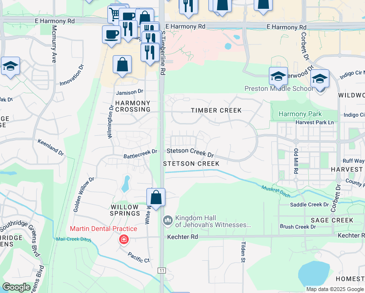 map of restaurants, bars, coffee shops, grocery stores, and more near 2142 Stetson Creek Drive in Fort Collins