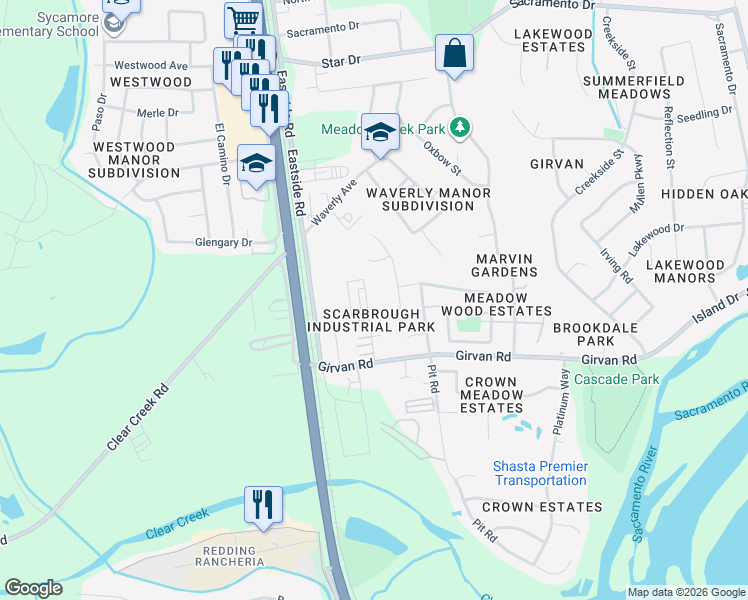 map of restaurants, bars, coffee shops, grocery stores, and more near 6955 Danyeur Road in Redding