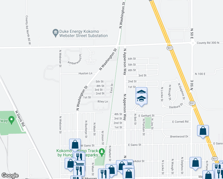 map of restaurants, bars, coffee shops, grocery stores, and more near East Street in Kokomo