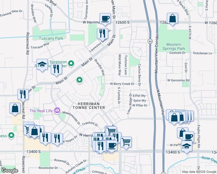 map of restaurants, bars, coffee shops, grocery stores, and more near 13011 Summerdale Drive in Herriman