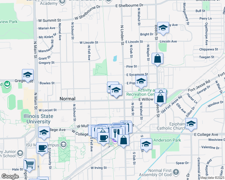 map of restaurants, bars, coffee shops, grocery stores, and more near 102 East Cypress Street in Normal