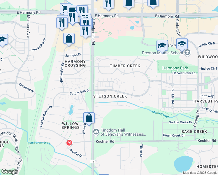 map of restaurants, bars, coffee shops, grocery stores, and more near 2218 Stetson Creek Drive in Fort Collins