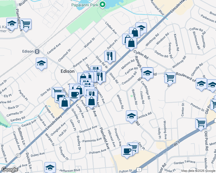 map of restaurants, bars, coffee shops, grocery stores, and more near 911 Woodhaven Drive in Edison