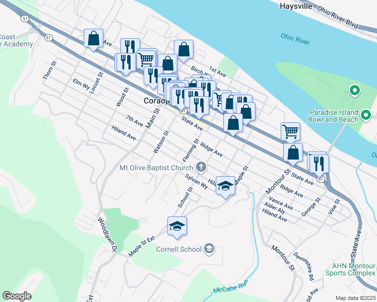 map of restaurants, bars, coffee shops, grocery stores, and more near 712 Fleming Street in Coraopolis