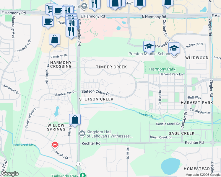 map of restaurants, bars, coffee shops, grocery stores, and more near 5139 Trappers Creek Court in Fort Collins