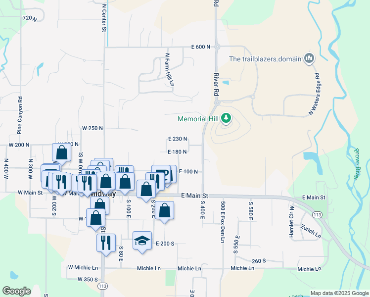 map of restaurants, bars, coffee shops, grocery stores, and more near 333 East 180 North in Midway