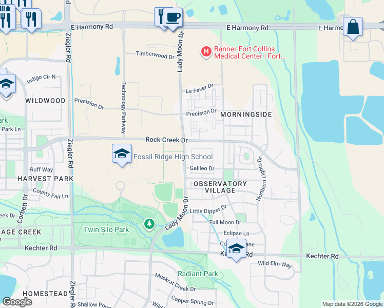 map of restaurants, bars, coffee shops, grocery stores, and more near 5100 Star Dust Lane in Fort Collins