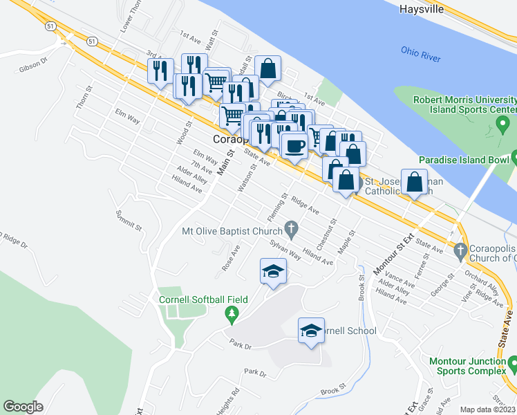 map of restaurants, bars, coffee shops, grocery stores, and more near 1035 Vance Avenue in Coraopolis