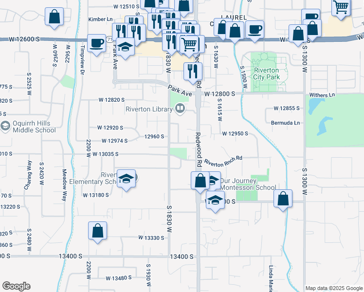 map of restaurants, bars, coffee shops, grocery stores, and more near 1781 West 12980 South in Riverton