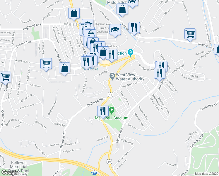 map of restaurants, bars, coffee shops, grocery stores, and more near 185 U.S. 19 in Pittsburgh
