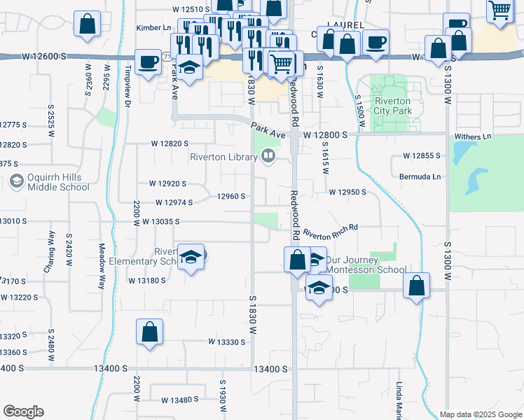 map of restaurants, bars, coffee shops, grocery stores, and more near 1781 West 12980 South in Riverton