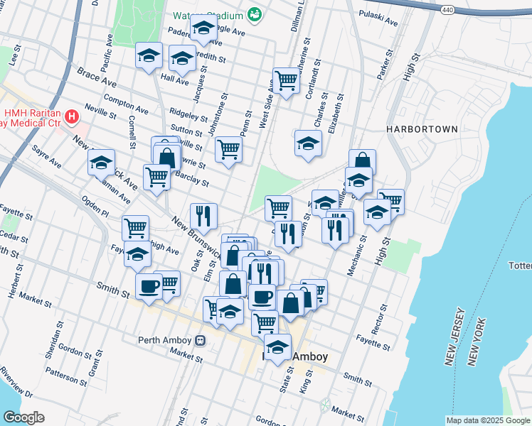 map of restaurants, bars, coffee shops, grocery stores, and more near 220 Washington Street in Perth Amboy