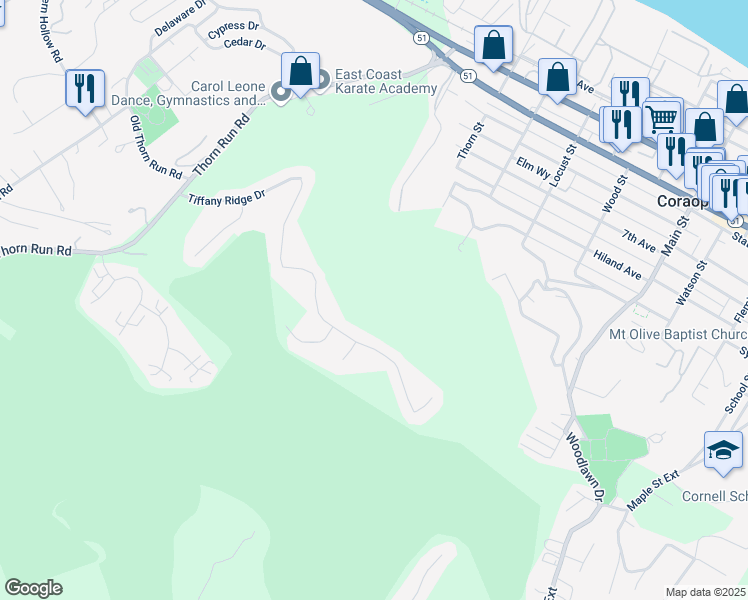 map of restaurants, bars, coffee shops, grocery stores, and more near 332 Indian Ridge Drive in Coraopolis