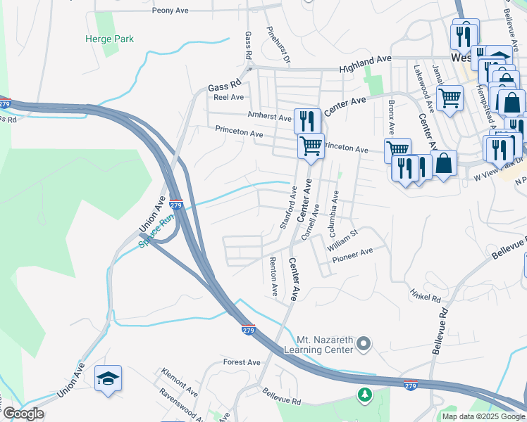 map of restaurants, bars, coffee shops, grocery stores, and more near 129 Harvard Avenue in West View