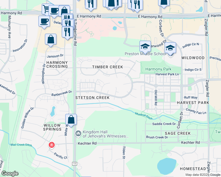 map of restaurants, bars, coffee shops, grocery stores, and more near 5132 Trappers Creek Court in Fort Collins
