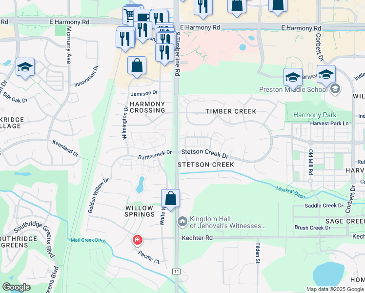 map of restaurants, bars, coffee shops, grocery stores, and more near 5133 Stillwater Creek Drive in Fort Collins