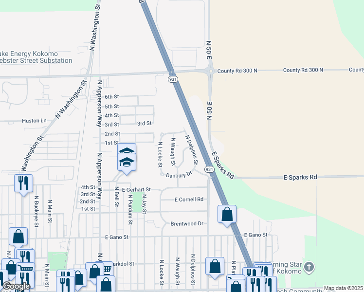 map of restaurants, bars, coffee shops, grocery stores, and more near 2821 Fenley Street in Kokomo