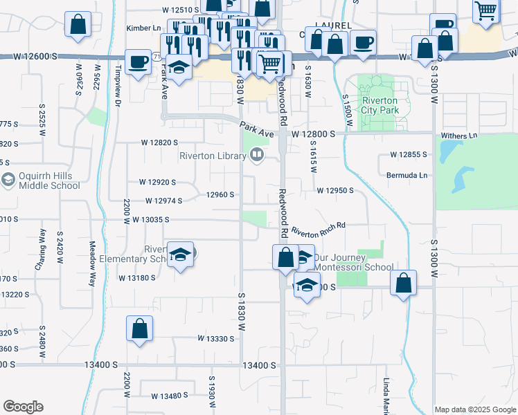 map of restaurants, bars, coffee shops, grocery stores, and more near 1781 West 12980 South in Riverton