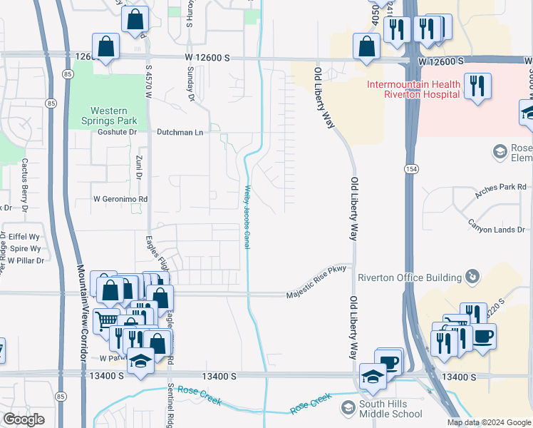 map of restaurants, bars, coffee shops, grocery stores, and more near 4245 West 12600 South in Riverton