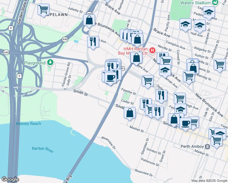 map of restaurants, bars, coffee shops, grocery stores, and more near 340 Convery Boulevard in Perth Amboy