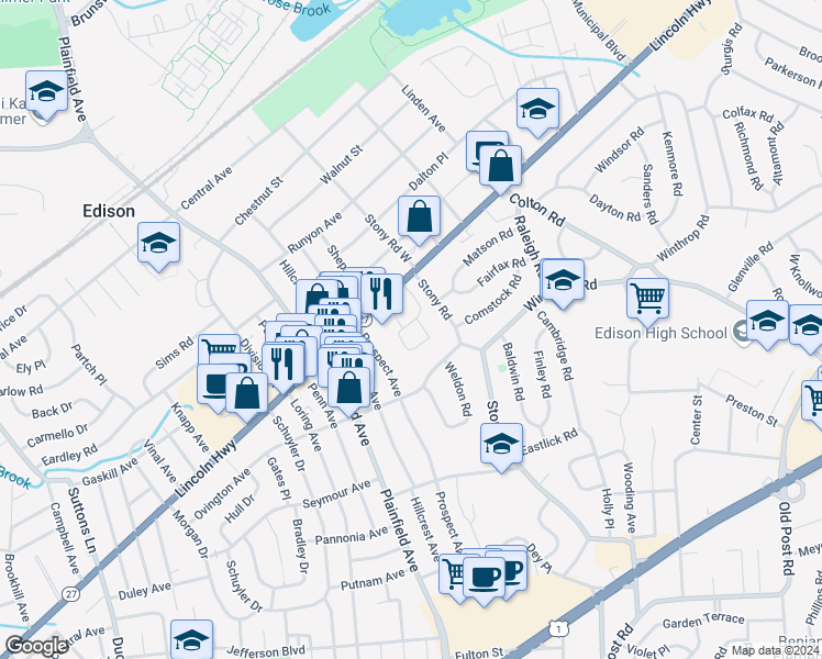 map of restaurants, bars, coffee shops, grocery stores, and more near 911 Woodhaven Drive in Edison