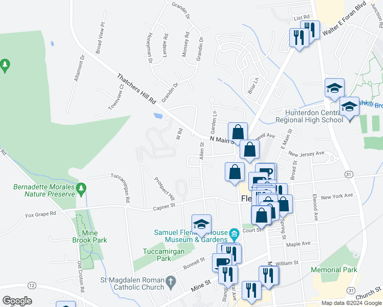 map of restaurants, bars, coffee shops, grocery stores, and more near 1 Youngs Drive in Flemington