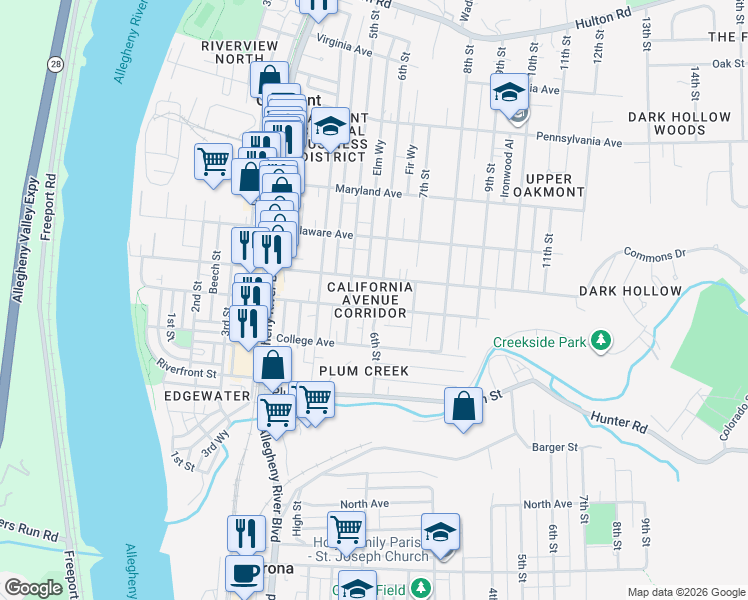 map of restaurants, bars, coffee shops, grocery stores, and more near 522 Elm Way in Oakmont