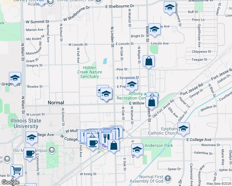 map of restaurants, bars, coffee shops, grocery stores, and more near 601 North Linden Street in Normal