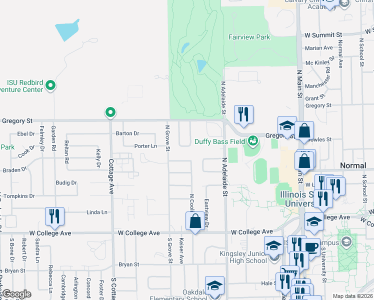 map of restaurants, bars, coffee shops, grocery stores, and more near 902 Crestline Drive in Normal