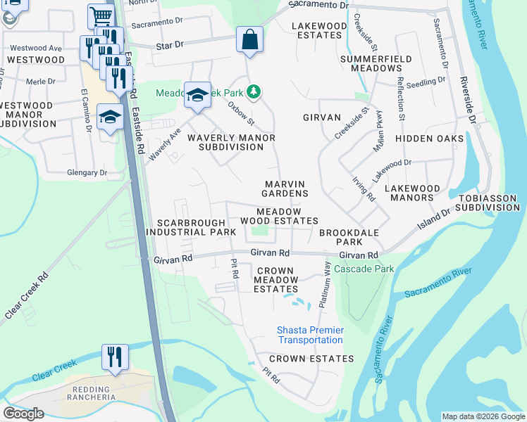map of restaurants, bars, coffee shops, grocery stores, and more near 2675 Ely Lane in Redding