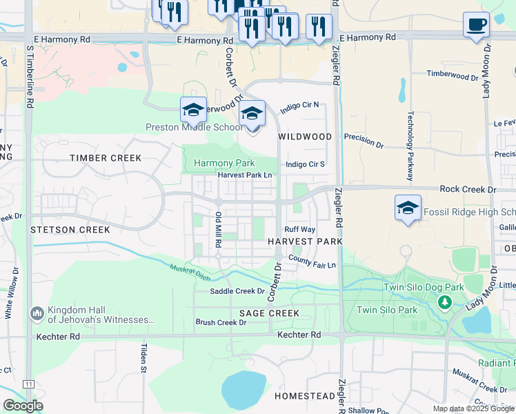 map of restaurants, bars, coffee shops, grocery stores, and more near 2809 Rock Creek Drive in Fort Collins