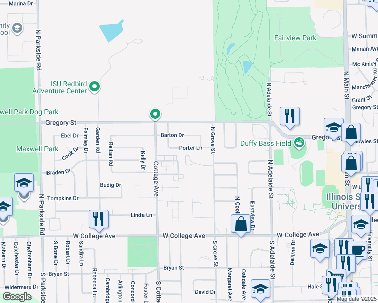 map of restaurants, bars, coffee shops, grocery stores, and more near 1011 Porter Lane in Normal