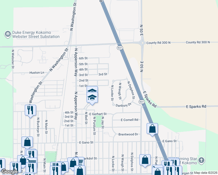 map of restaurants, bars, coffee shops, grocery stores, and more near East Mays Drive in Kokomo