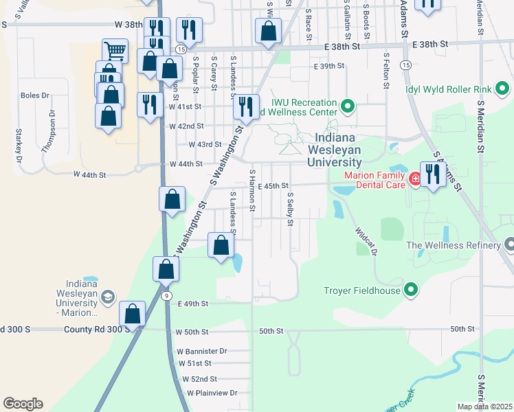 map of restaurants, bars, coffee shops, grocery stores, and more near 4604 S Harmon St in Marion