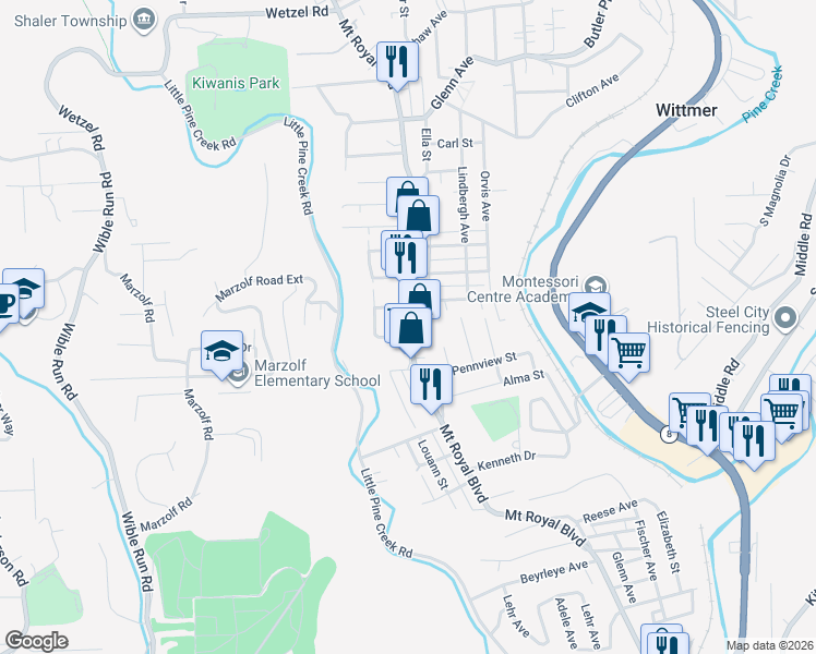 map of restaurants, bars, coffee shops, grocery stores, and more near 7 Mount Royal Court in Pittsburgh