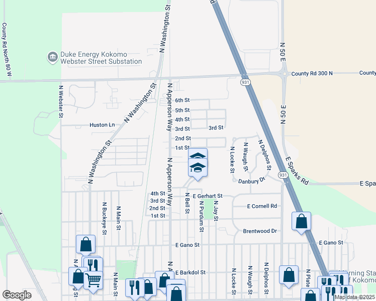 map of restaurants, bars, coffee shops, grocery stores, and more near 2900 North Apperson Way in Kokomo