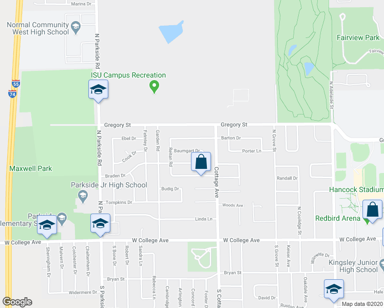 map of restaurants, bars, coffee shops, grocery stores, and more near 1605 Baumgart Drive in Normal