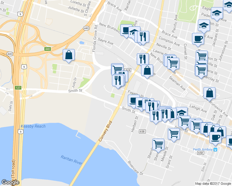 map of restaurants, bars, coffee shops, grocery stores, and more near 588 Morris Street in Perth Amboy