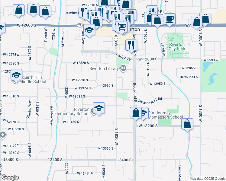 map of restaurants, bars, coffee shops, grocery stores, and more near 12988 South 1830 West in Riverton