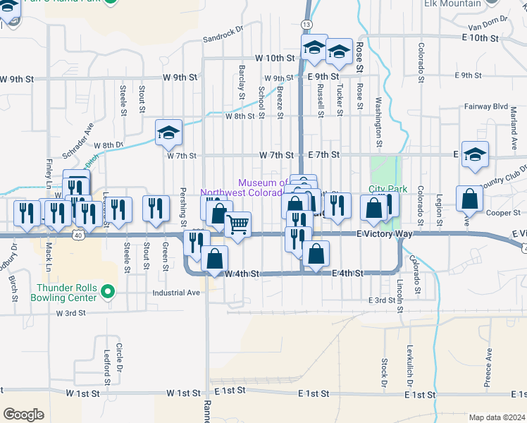 map of restaurants, bars, coffee shops, grocery stores, and more near 567 1/2 School Street in Craig