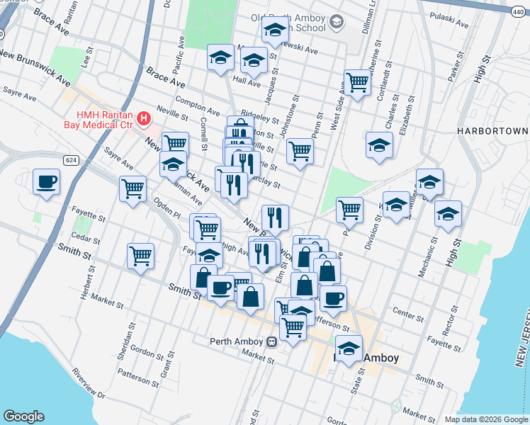 map of restaurants, bars, coffee shops, grocery stores, and more near 402 Holly Drive in Perth Amboy