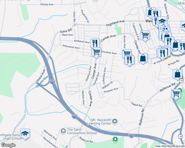 map of restaurants, bars, coffee shops, grocery stores, and more near 12 Harvard Avenue in West View