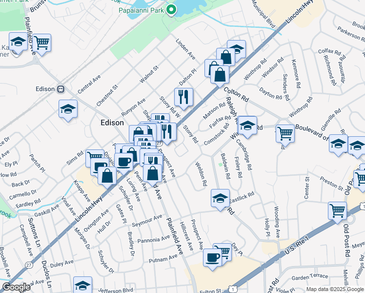 map of restaurants, bars, coffee shops, grocery stores, and more near 207 Woodhaven Drive in Edison
