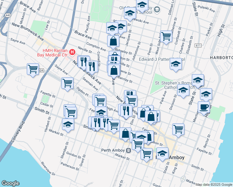 map of restaurants, bars, coffee shops, grocery stores, and more near 340 New Brunswick Avenue in Perth Amboy