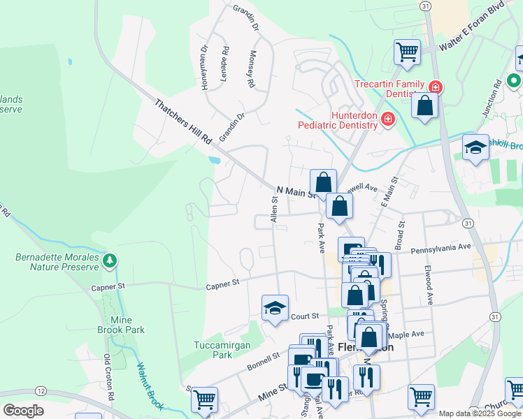 map of restaurants, bars, coffee shops, grocery stores, and more near 1 Youngs Drive in Flemington