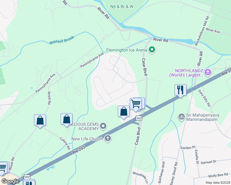 map of restaurants, bars, coffee shops, grocery stores, and more near 13 Mill Brook Road in Flemington